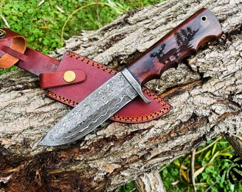 Damascus Steel Hunting Knife Buck Engraved Walnut Scales