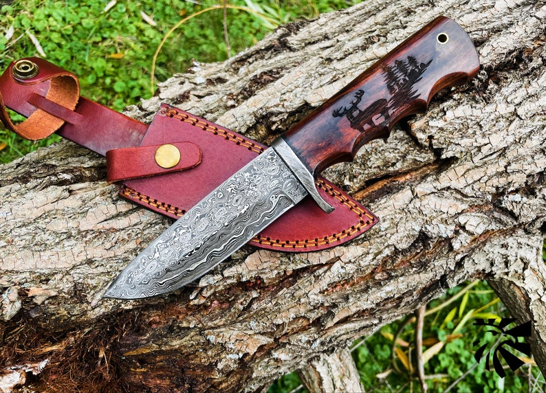 Damascus Steel Hunting Knife Buck Engraved Walnut Scales image 1