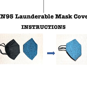 May include: Instructions for using a washable KN95 mask cover. The image shows a black KN95 mask and a blue patterned mask cover. An arrow indicates that the cover should be placed over the mask.