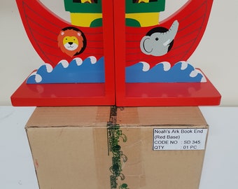 Noah&#39;s Ark Bookends  -RED Wooden Beautifully Made- Ideal For Children&#39;s Room  New in Box