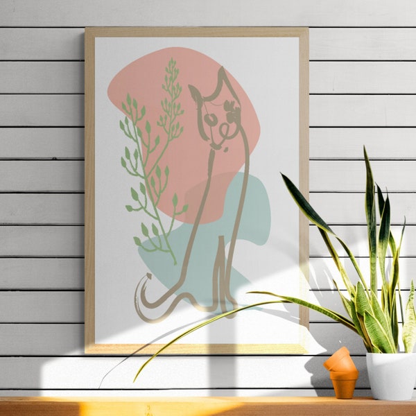 Abstract Cat Digital Art Print -NO Physical Item - MCM Sage Blush and Blue Boho Cat Art for Kid's Room or Living Room