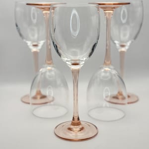 Vintage Luminarc Pink Stemmed 5 Wine Glasses Marked FRANCE 7 3/4” tall 2 3/4” wide