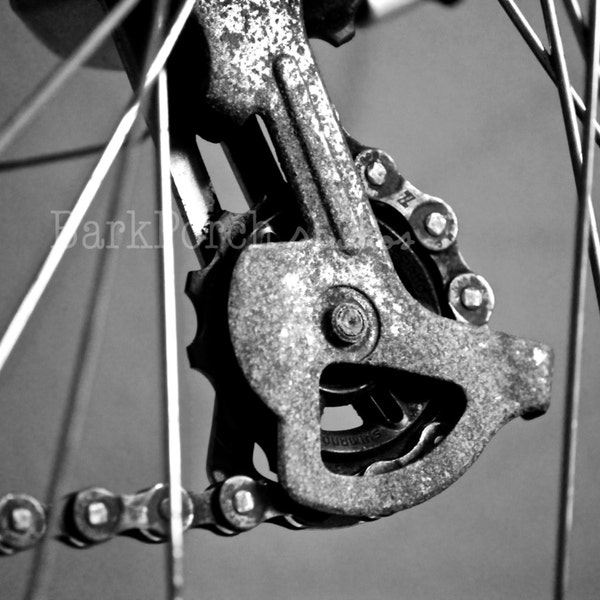 Gear; Industrial; Bike; Bicycle; Cog; cassette; cycle; cyclocross; spokes; chain; wheel; black white; modern wall art; garage; bedroom