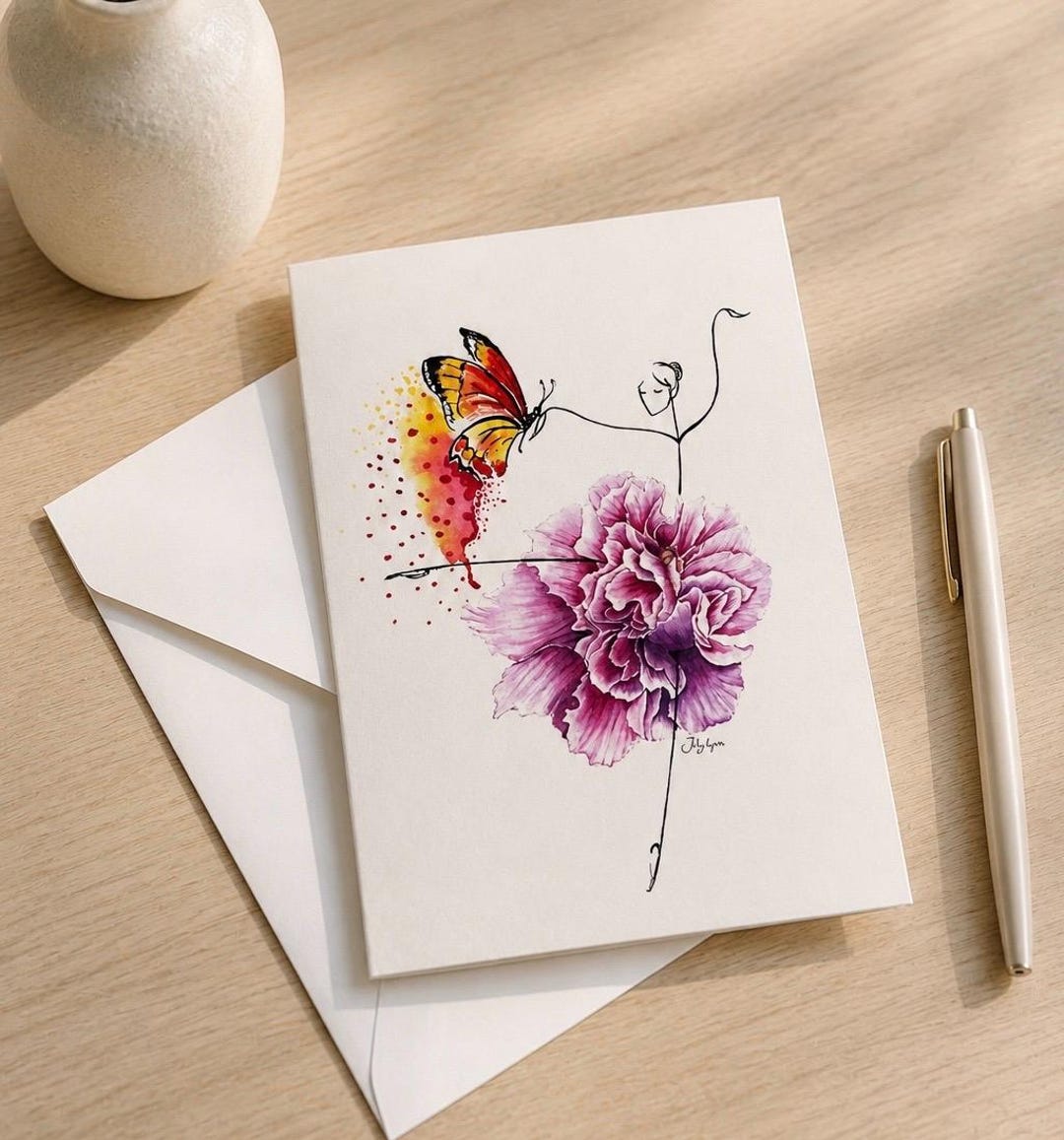 Watercolor Flower Greeting Card With Butterfly (blank Card) - Etsy
