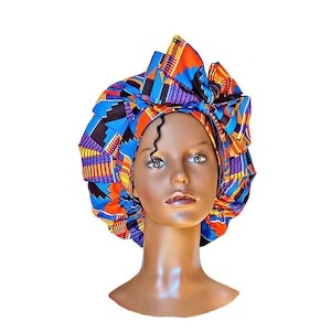 Satin-Lined Sleep Bonnet In Kente Print Fabric, Bonnet With Long Head Ties, Adjustable Bonnet In Kente Print Fabric, Satin-Lined Sleep Cap