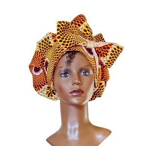 Satin-Lined Sleep Bonnet With Head Ties, Self-Tie Sleep Cap, Satin-Lined Sleep Cap, Gold And Brown Coloured  Satin-Lined Sleep Bonnet