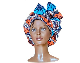 Satin-Lined Sleep Bonnet With Long Head Ties, Sleep Bonnet In Blue And Orange Floral Fabric, Sleep Bonnet in Wedding Flowers Print Fabric