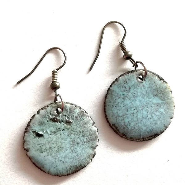 Raku earrings with light blue glaze, ceramic jewelry, durable vintage dangle and drop round earrings, birthday gift, girlfriend present