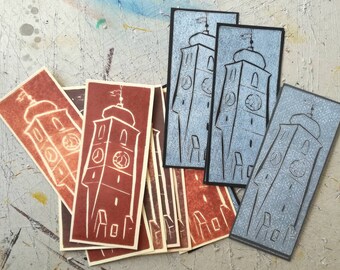 Marcapáginas linograbado hecho a mano: Torre del Ayuntamiento de la Ciudad Vieja de Sibiu, Rumanía