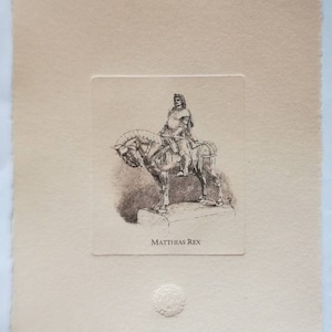 Re Mattia Corvino, statua a Cluj, incisione originale su carta fatta a mano, dettagli in rilievo, stampa dettagliata, arte vintage, regalo per l'ungherese