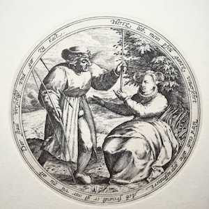 Vintage etching on handmade paper, art reproduction of Marten van Cleve&#39;s Classic Proverbs, 16th century impotence joke, unframed