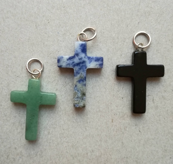 Pendentif Croix En Argent 925 Avec Aventurine Jaune - Cordon Cuir - Occasion Bon état