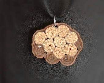 Sheep leather pendant, vintage jewelry for kids, animal made of rolled and sliced recycled leather, cute small gift, organic necklace, brown