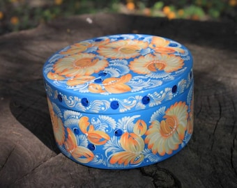 Blue box trinkets Round wooden jewelry box Hand painted white camomiles Petrykivka patterns gift for mom Mothers Day gift Her birthday