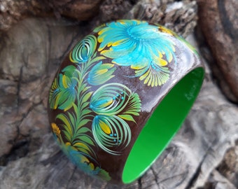 Petrykivka painting Flower bracelet for women  Wooden gift  Birthday gift