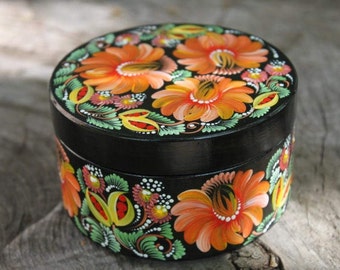 Wooden box  jewelry box natural wood  black color  box with orange flowers  gift for her  round box