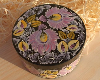 Black box Purple flowers Folk box Petrykivka hand painted Wooden gift for women Gift for her Gift for Easter