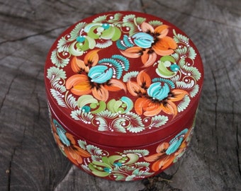 Red box hand painted with chrysanthemum Round wooden jewelry box with lid Mothers Day gift for women Petrykivka patterns gift for her