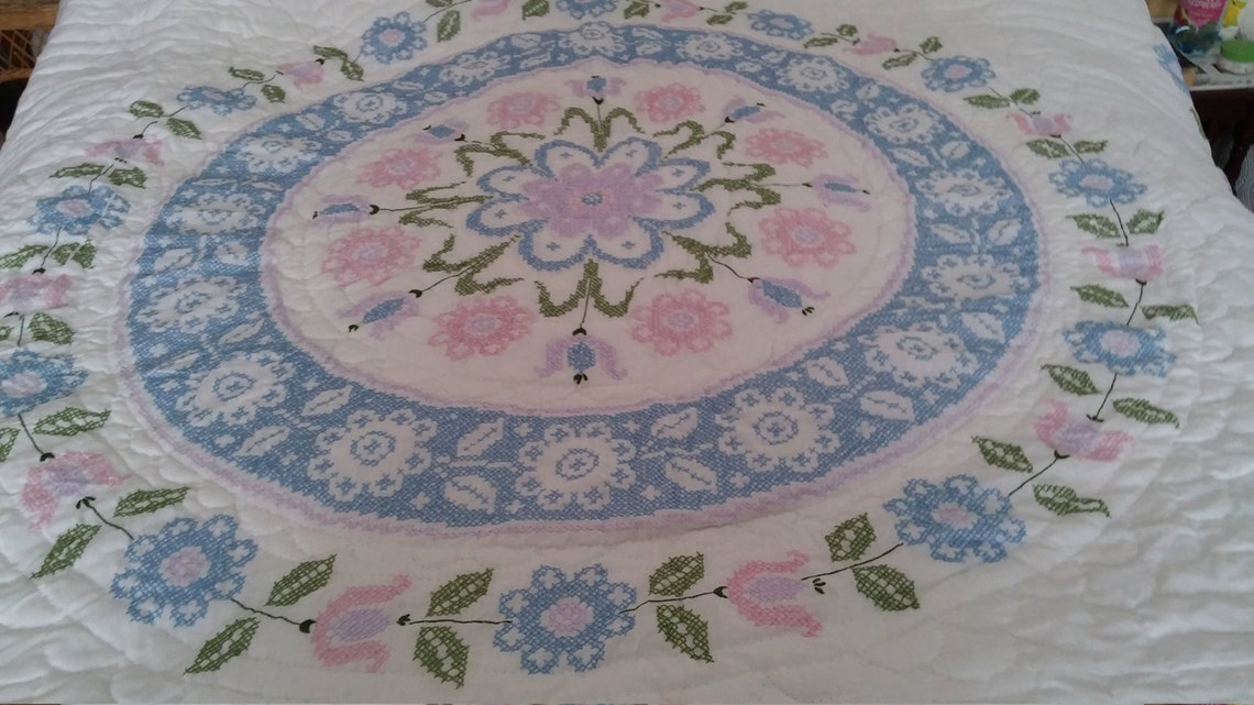 Cross Stitch Quilted Bedspread Etsy