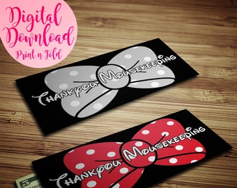 May include: Two printable thank you cards with a black background and a red and white polka dot bow with the text "Thank You Housekeeping" in white. The top card has a silver bow and the bottom card has a red bow.