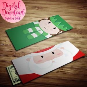 May include: Two printable Christmas money envelopes, one with a green background and an elf with a green and white striped scarf, and the other with a red background and a Santa Claus with a white beard.