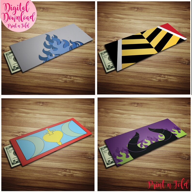 May include: Four rectangular paper cash envelopes featuring distinct graphic designs: one with blue flames on gray, one with yellow and black diagonal stripes, one with a yellow heart and sword on blue, and one with black horns and green flames.