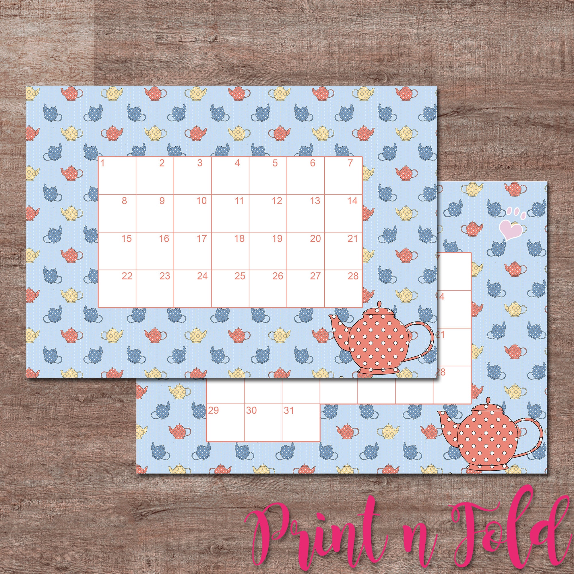 Teapot Any Month Calendar Time for Tea 28 29 30 31 Days Etsy UK