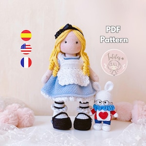 Modèle amigurumi Alice au pays des merveilles, incluant un lapin blanc au crochet, tutoriel, téléchargement PDF instantané / Anglais - Espagnol - Français