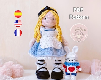 Alice in wondermand doll, amigurumi crochet pattern in PDF / English - Spanish - French