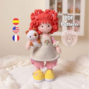 Ely, muñeca amigurumi a crochet con su gatita, tutorial de ganchillo descarga inmediata/ Español - Inglés - Francés