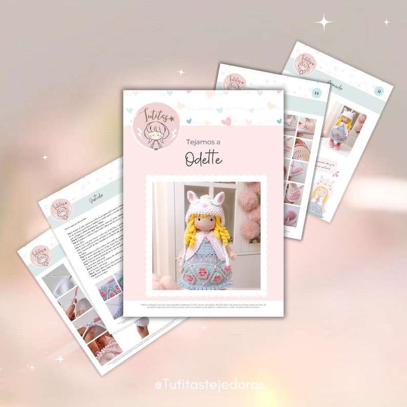 K&ouml;nnte beinhalten: Ein H&auml;kelmuster f&uuml;r eine Puppe namens Odette. Das Muster enth&auml;lt Anweisungen zum Herstellen des Kleides, des Hutes und der Haare der Puppe. Das Muster ist in Spanisch geschrieben und enth&auml;lt ein Foto der fertigen Puppe.