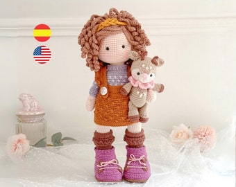 Patrón de muñeca amigurumi romantica, alma y su ciervo, tutorial de descarga inmediata /English - Español