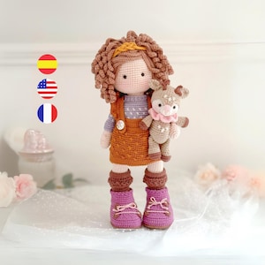 Alma doll amigurumi crochet pattern, deer included, PDF. / English - French - Spanish
