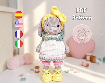 Olivia the easter rabbit amigurumi crochet pattern, bunny crochet tutorial, PDF instant download /English, Spanish, Italian and French