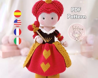 Patrón de reina roja a crochet, reina de corazones amigurumi, tutorial de descarga inmediata en PDF/ Inglés - Español - Italiano - Francés