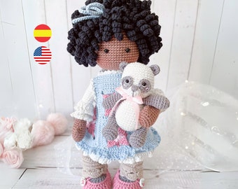 Digitale Häkelanleitung Luna, romantische Amigurumi-Puppe, herunterladbare Häkelanleitung als PDF, inklusive Panda / Englisch – Spanisch