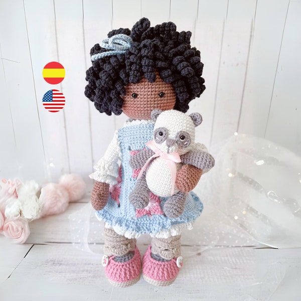 Patrón digital de ganchillo de Luna, muñeca amigurumi romantica, patrón de crochet descargable en PDF, incluye panda / English - Español