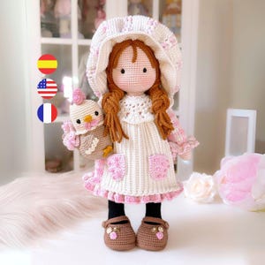 Muñeca Laia patrón de muñeca romántica con gallito amigurumi, tutorial de crochet /Ingles - Español - Francés