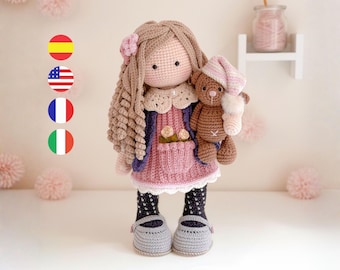 Amigurumi doll crochet pattern, Pdf instant download. / English - Spanish - Italian and French