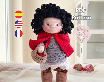 Amigurumi-Anleitung für Rotkäppchen mit Apfelkorb, Häkelanleitung, sofortiger PDF-Download / Spanisch, Englisch, Französisch