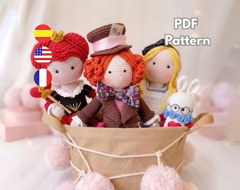 Alice in Wonderland amigurumi patterns Bundle, Crochet Doll Pattern Set, Alice, White Rabbit, Red Queen & Mad Hatter PDF /Eng - Spa - Fr