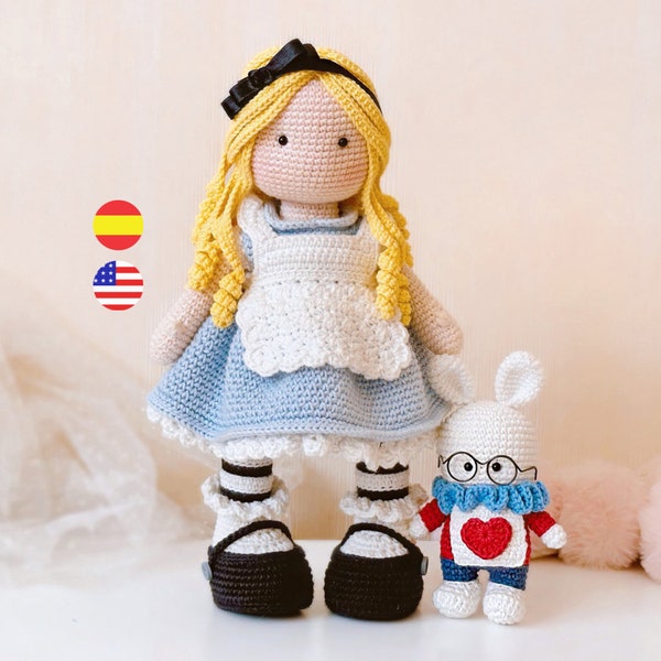 Alicia y el conejo blanco, patrón de muñeca amigurumi a crochet, PDF descargable / English - Español