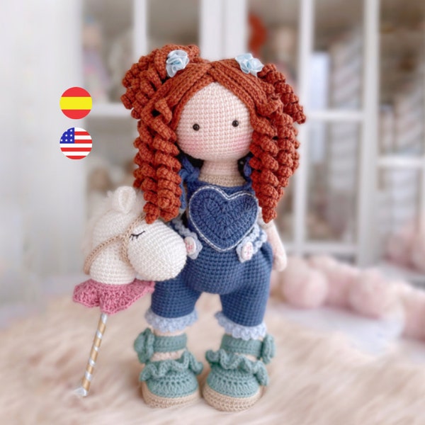 Rebeca, patrón de muñeca amigurumi a crochet, PDF descargable, incluye caballo / English - Español