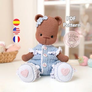 テディベアのあみぐるみ編み図PDF、ふわふわのぬいぐるみ、簡単な編み方チュートリアル、PDF即時ダウンロード / 英語、スペイン語、フランス語