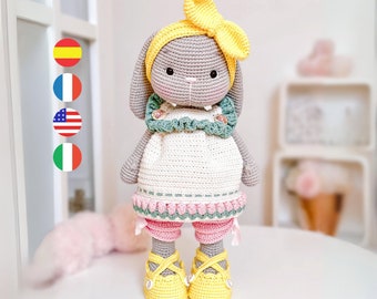 Olivia, gehäkelter Amigurumi-Osterhase, herunterladbares PDF-Muster / Englisch – Spanisch – Französisch – Italienisch