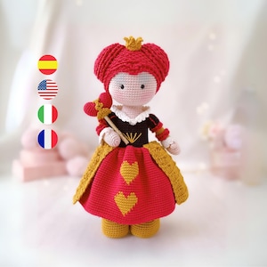 Herzkönigin-Muster, rote Königin-Amigurumi-Puppe, PDF, Reine de Cœur, Regina di cuore/ Englisch – Spanisch – Italienisch – Französisch