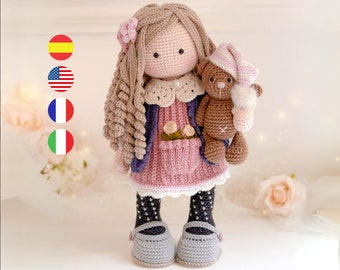 Patrón de muñeca romántica amigurumi, tutorial niña a ganchillo, PDF descargable Tutitas / Inglés - Español - Francés - Italiano