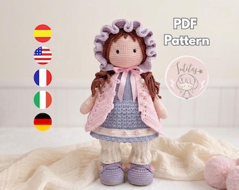 Emma, amigurumi crochet doll pattern, downloadable PDF, cozy vintage doll tutorial / Spanish - English - German - Italian - French