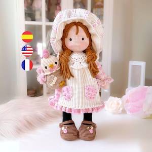 Muñeca Laia patrón de muñeca romántica con gallito amigurumi /Ingles - Español - Francés