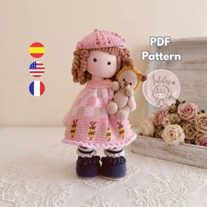 Honney, amigurumi crochet doll pattern, downloadable PDF, doll with bee-themed dress, PDF includes teddy bear / Spanish - English - French